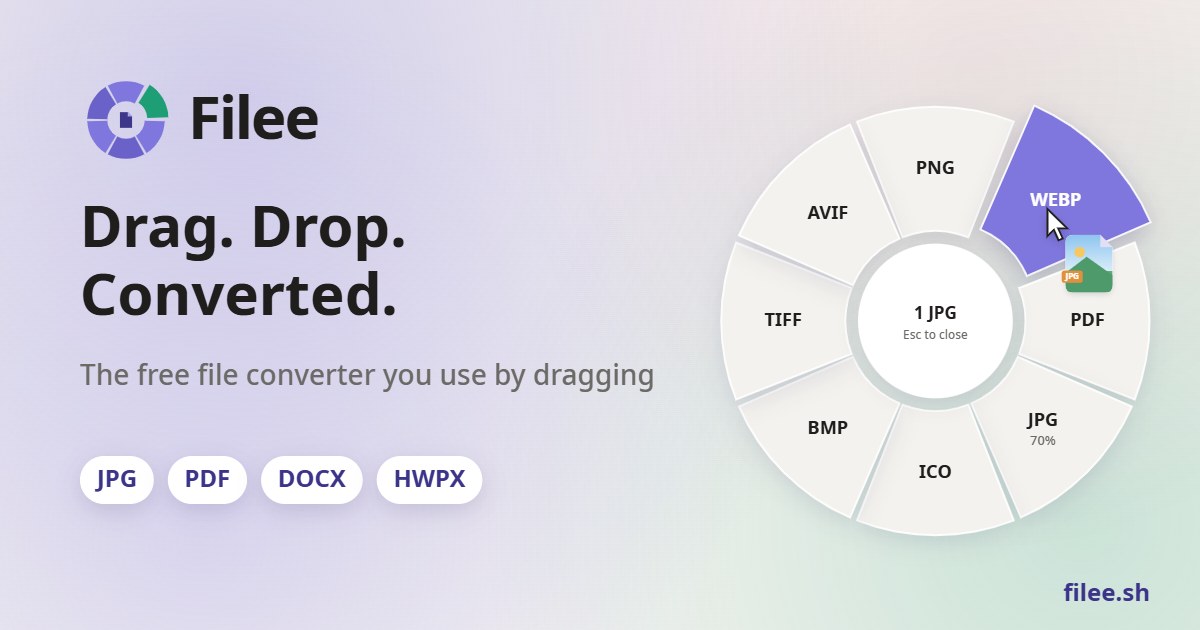 Filee website hero showing a donut menu of output formats opening at the cursor while a file is dragged