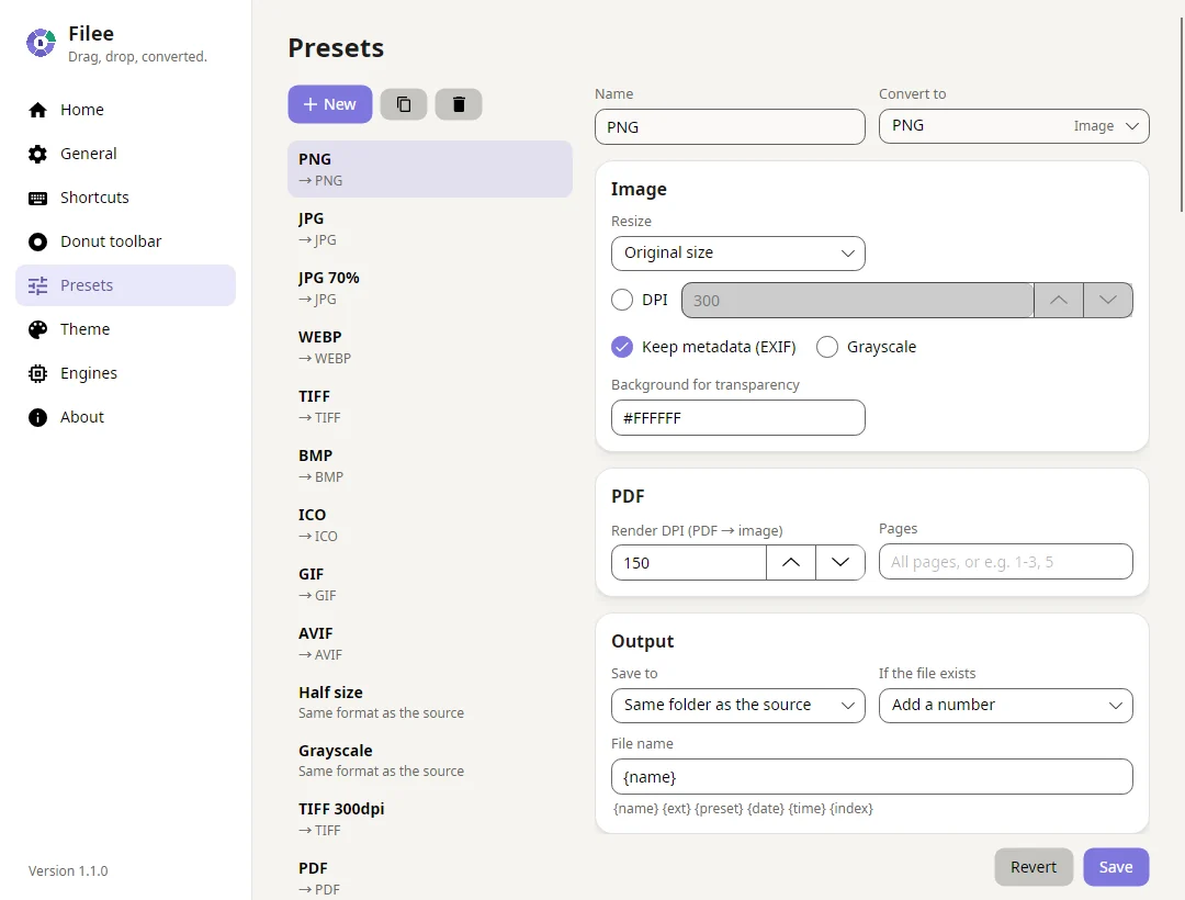 Preset editor with quality and output options