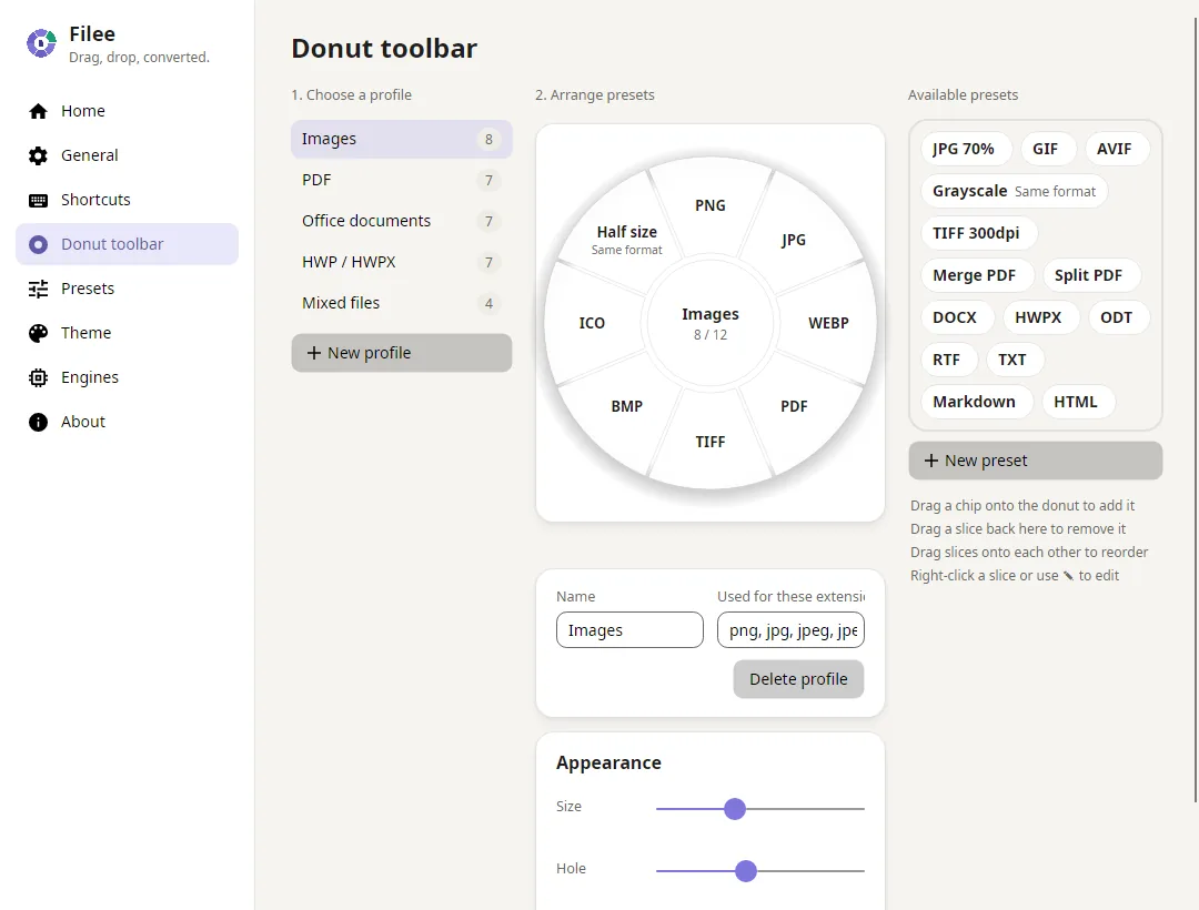 Donut toolbar editor with profiles and presets